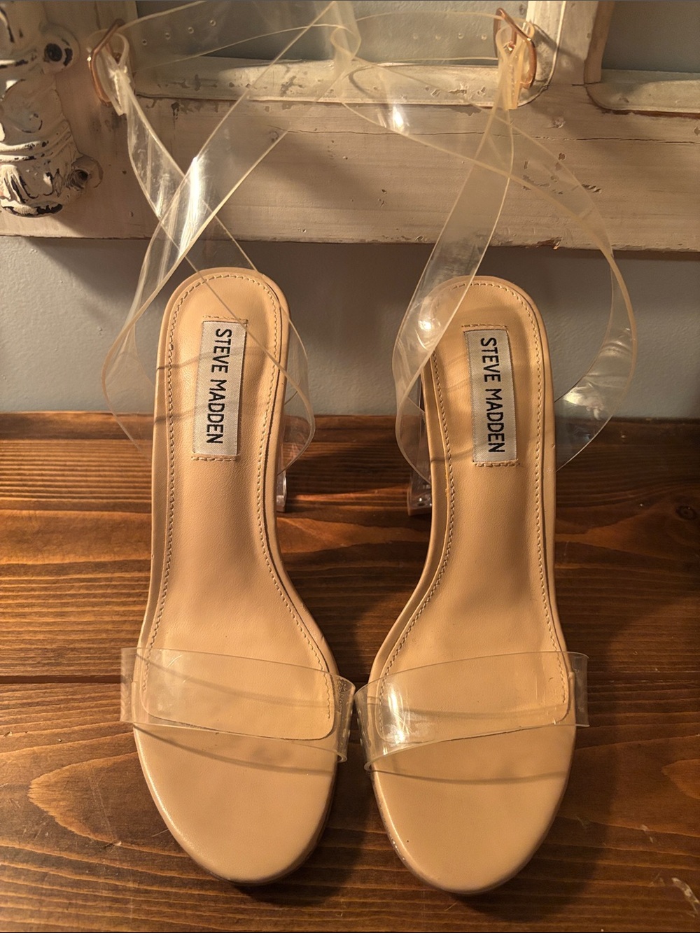 Steve Madden Nude Clear Strap Ankle-Heel Sandals